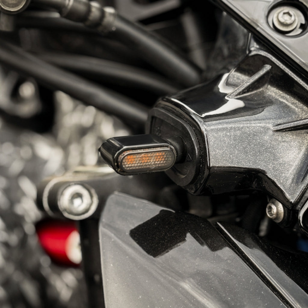 Mini intermitente LED ahumado encendido en ámbar montado en una Kawasaki Z900