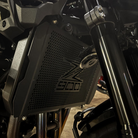 Protector de radiador con el logo Z900 montado en nuestra Kawasaki Z900, pieza del Kit Primera Protección