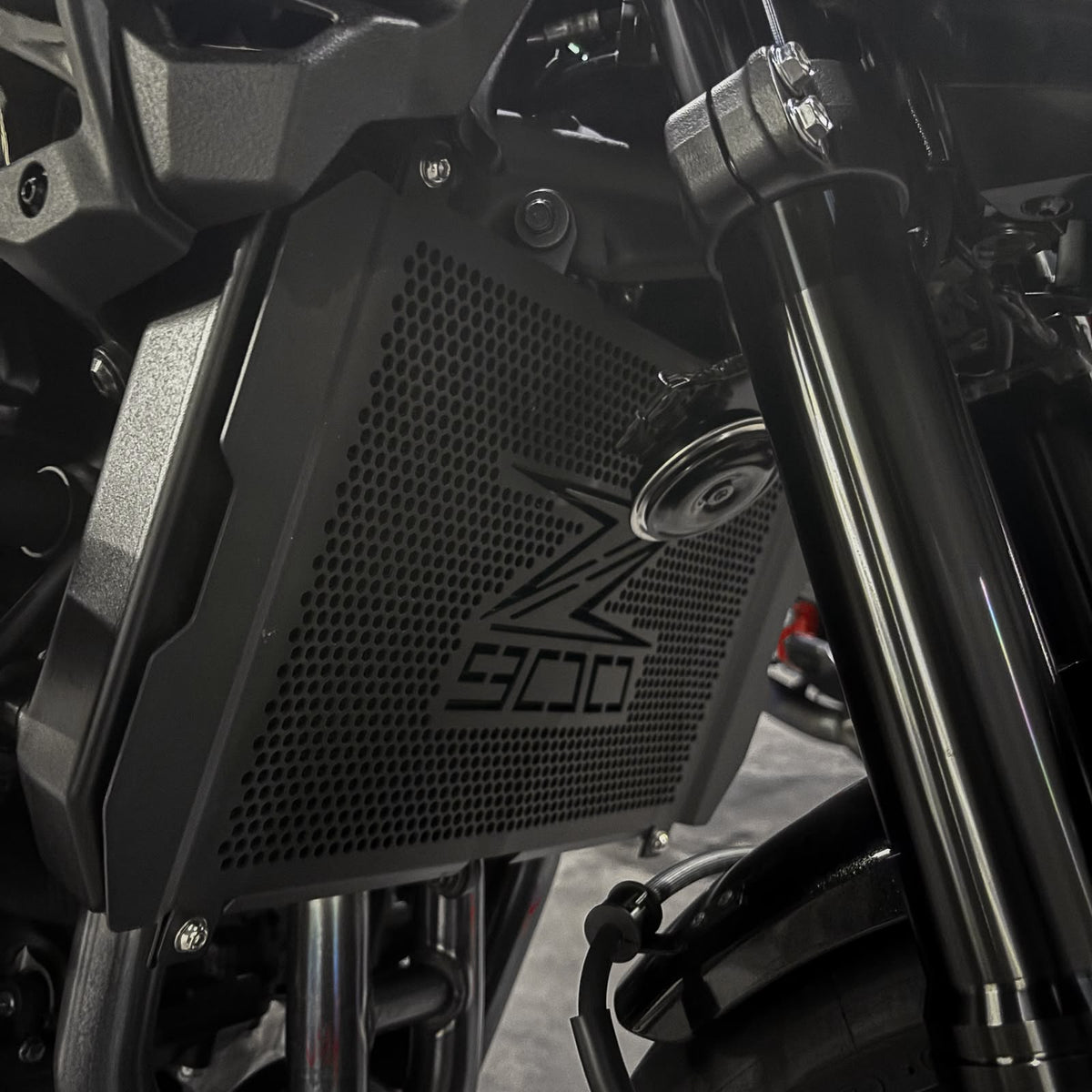 Protector de radiador con el logo Z900 montado en una Kawasaki Z900